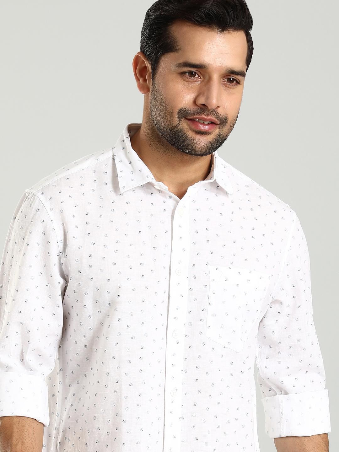 

Indian Terrain Classic Slim Fit Floral Printed Cotton Linen Casual Shirt, White