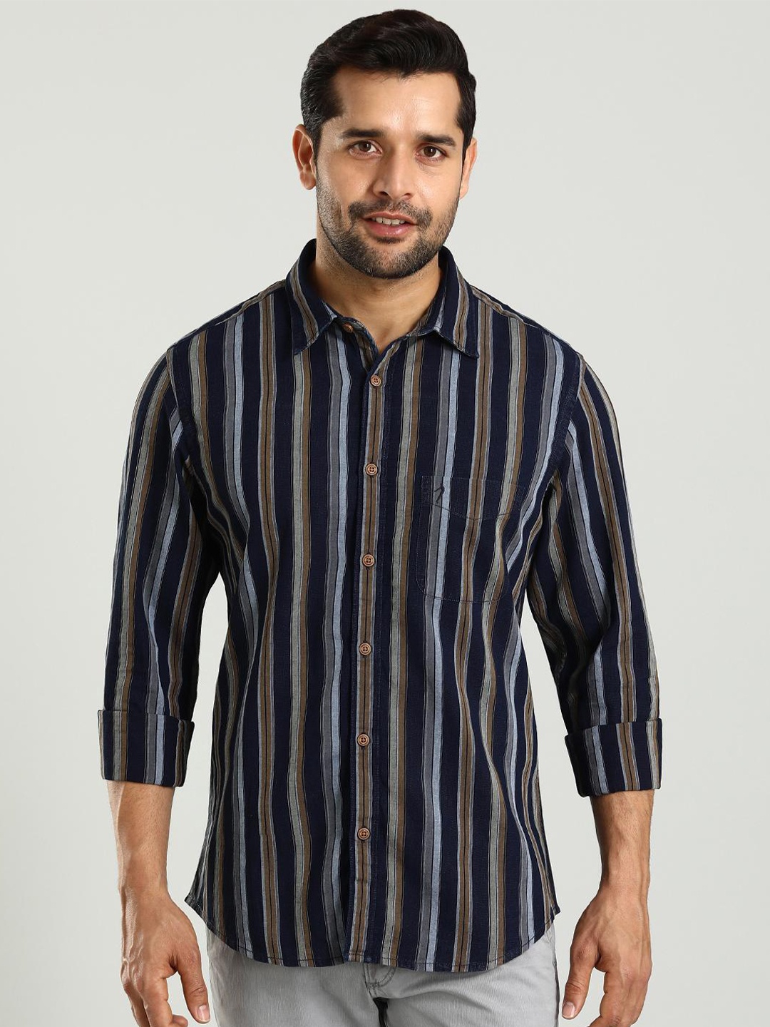 

Indian Terrain Chiseled Skinny Fit Striped Cotton Casual Shirt, Brown