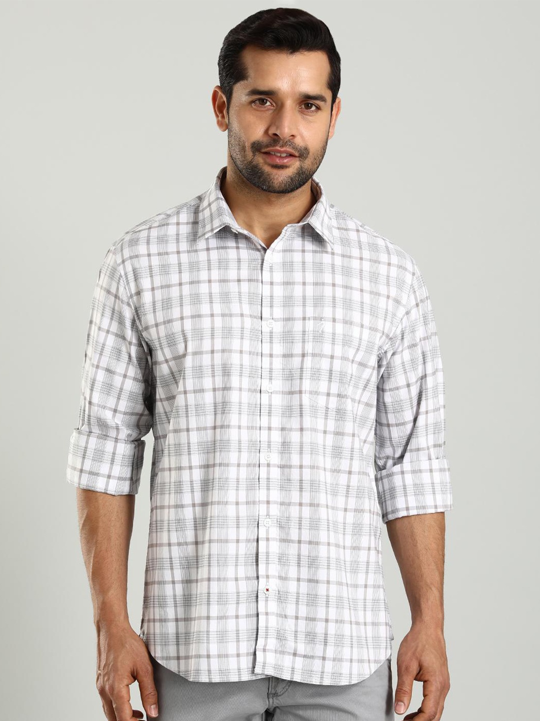 

Indian Terrain Classic Slim Fit Checked Spread Collar Cotton Shirt, White