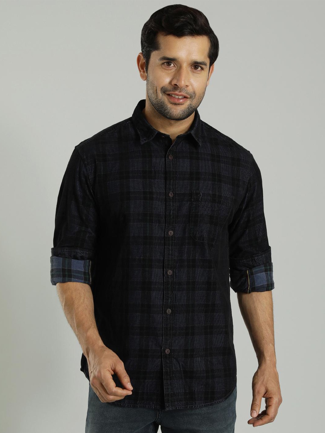 

Indian Terrain Slim Fit Tartan Checks Checked Cotton Casual Shirt, Blue