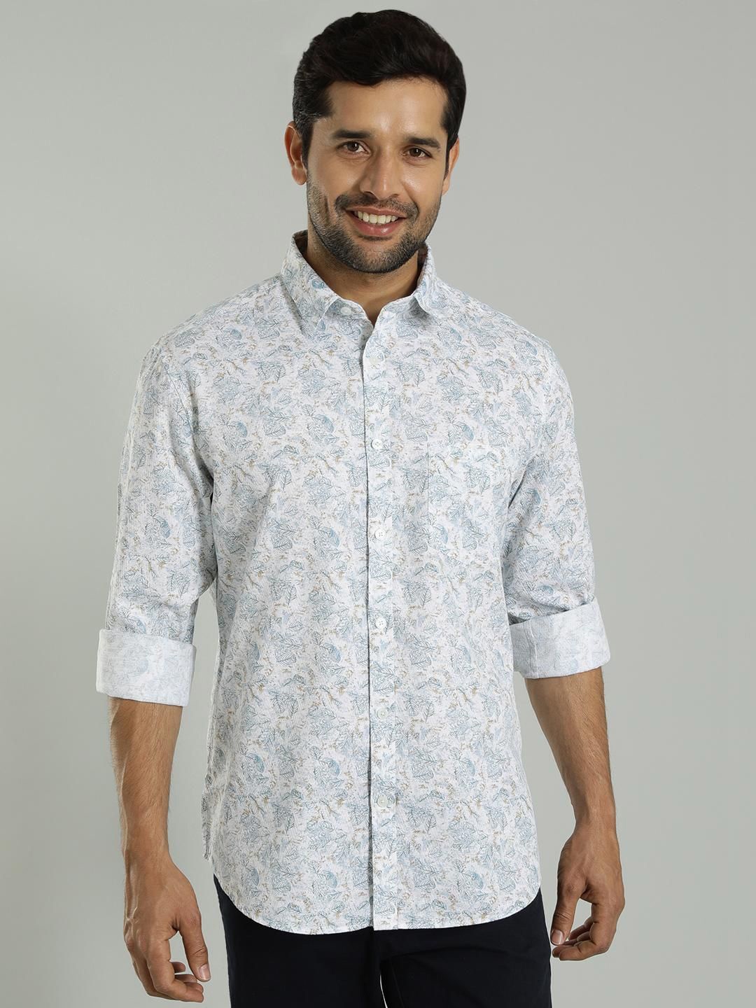 

Indian Terrain Slim Fit Floral Printed Spread Collar Long Sleeves Cotton Casual Shirt, White