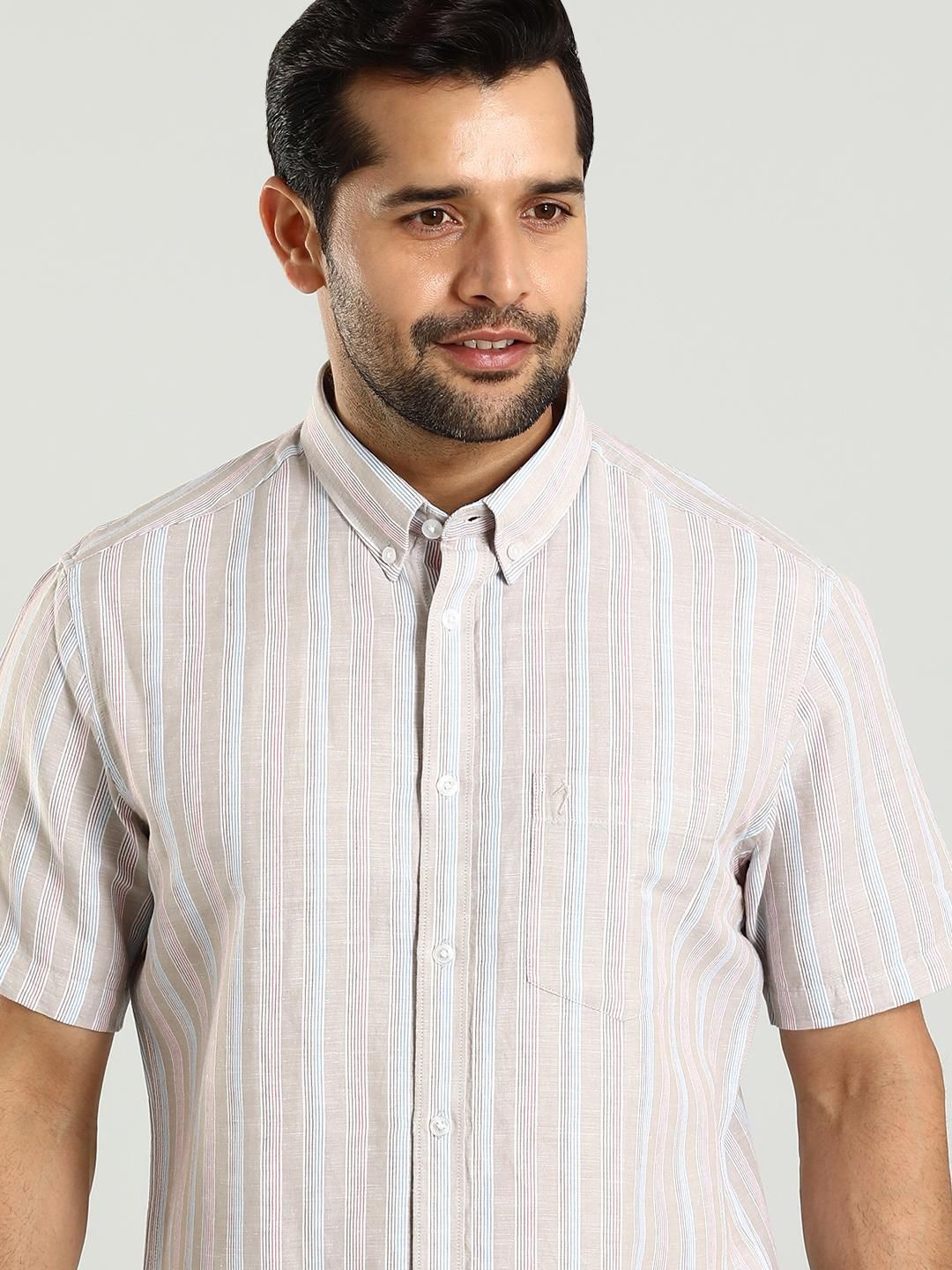 

Indian Terrain Slim Fit Striped Button Down Collar Cotton Linen Casual Shirt, Grey