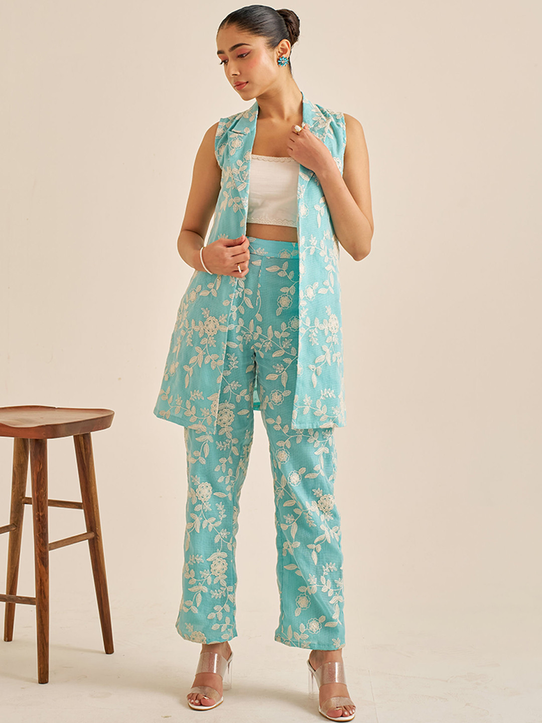 

Alaya By Stage3 Embroidered Pure Cotton Coat With Top & Trousers Co-Ords, Turquoise blue