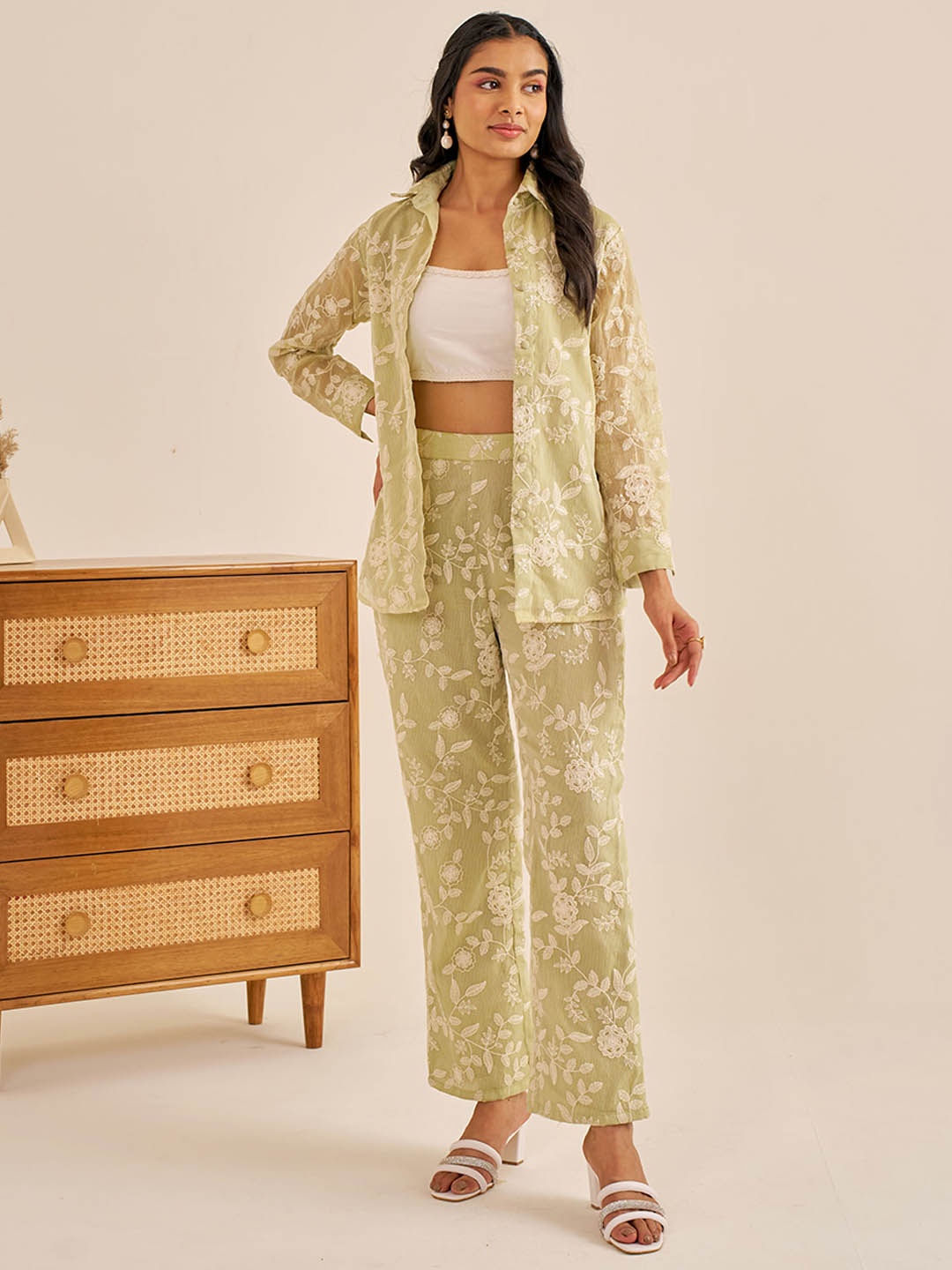 

Alaya By Stage3 Embroidered Pure Cotton Shirt With Top & Trousers Co-Ords, Green