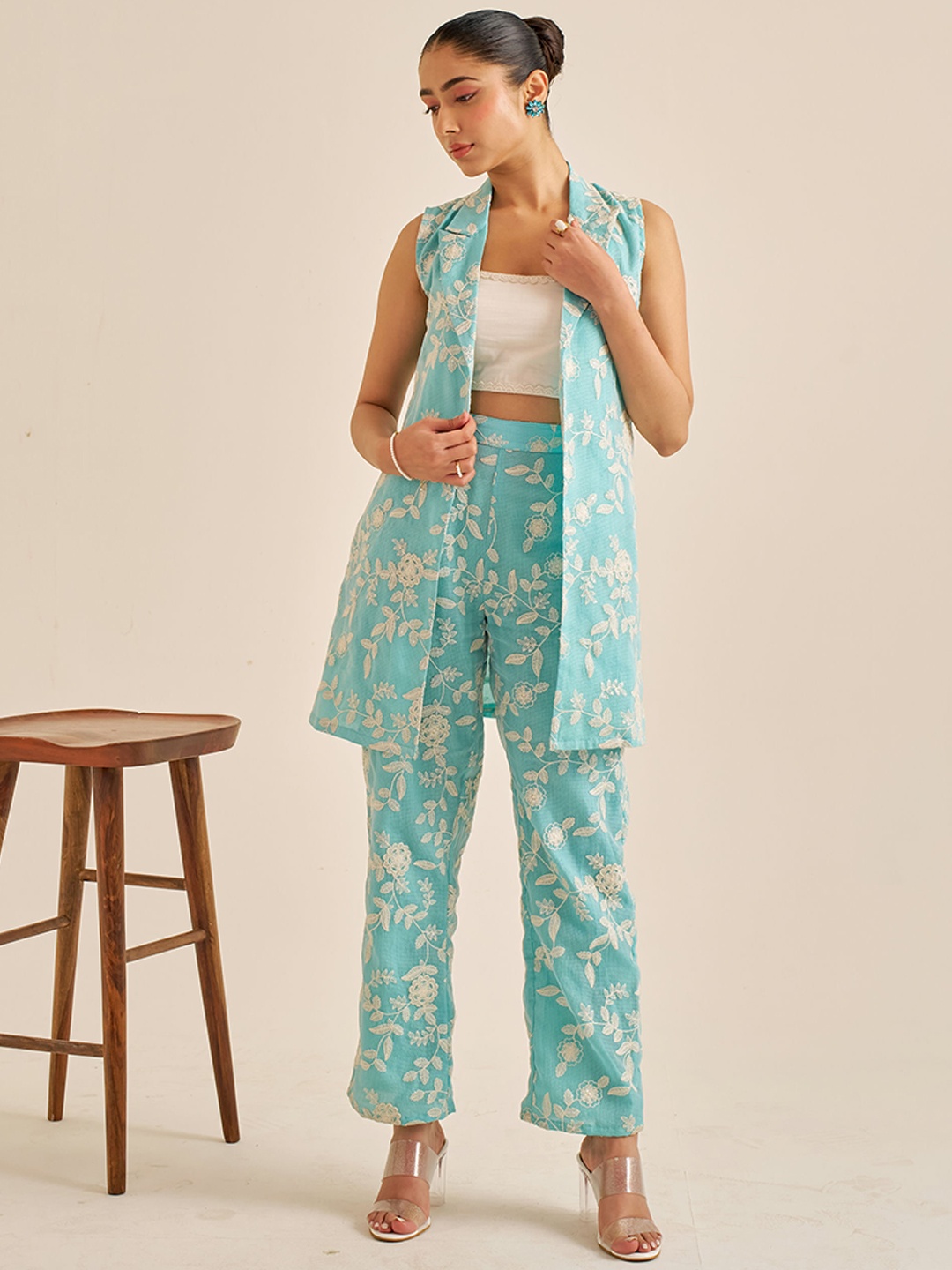 

Alaya By Stage3 Floral Embroidered Shawl Neck Pure Cotton Jacket With Trousers, Blue