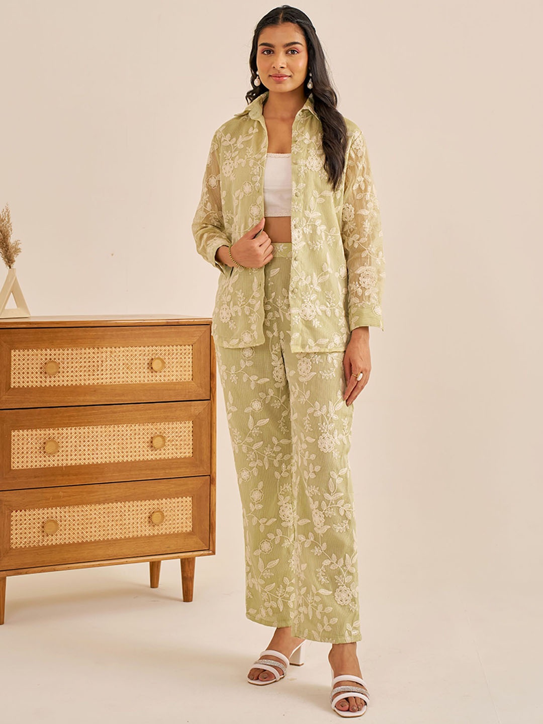 

Alaya By Stage3 Floral Embroidered Long Sleeves Pure Cotton Shirt With Trousers, Green