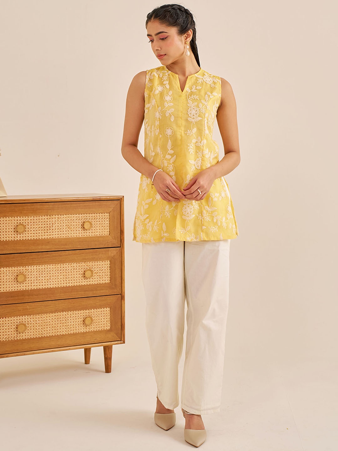 

Alaya By Stage3 Floral Printed Thread Work Cotton A-Line Kurta, Yellow