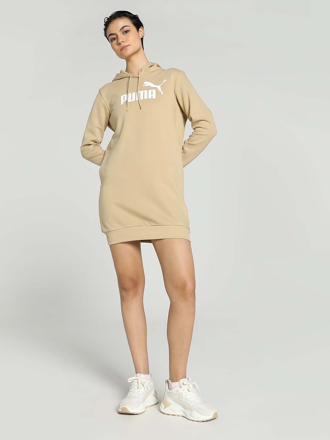 

Puma Women Essentials Logo Printed Cotton Hooded Mini Dress, Beige