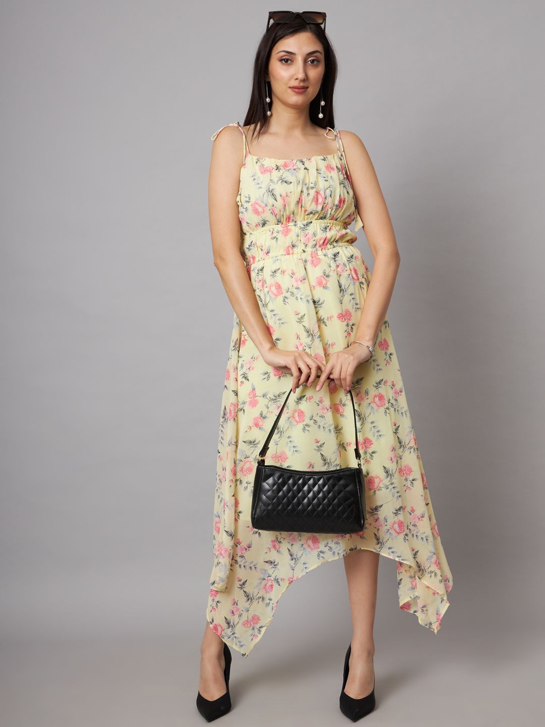 

SHRIMAY Floral Printed Georgette Empire Midi Dress, Yellow