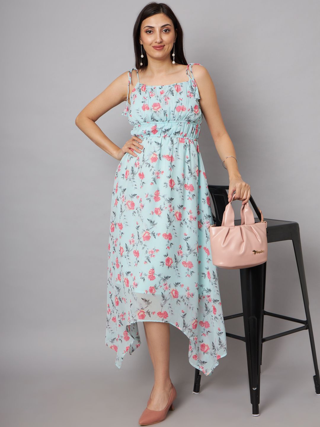

SHRIMAY Shoulder Straps Floral Print Georgette Maxi Midi Dress, Blue