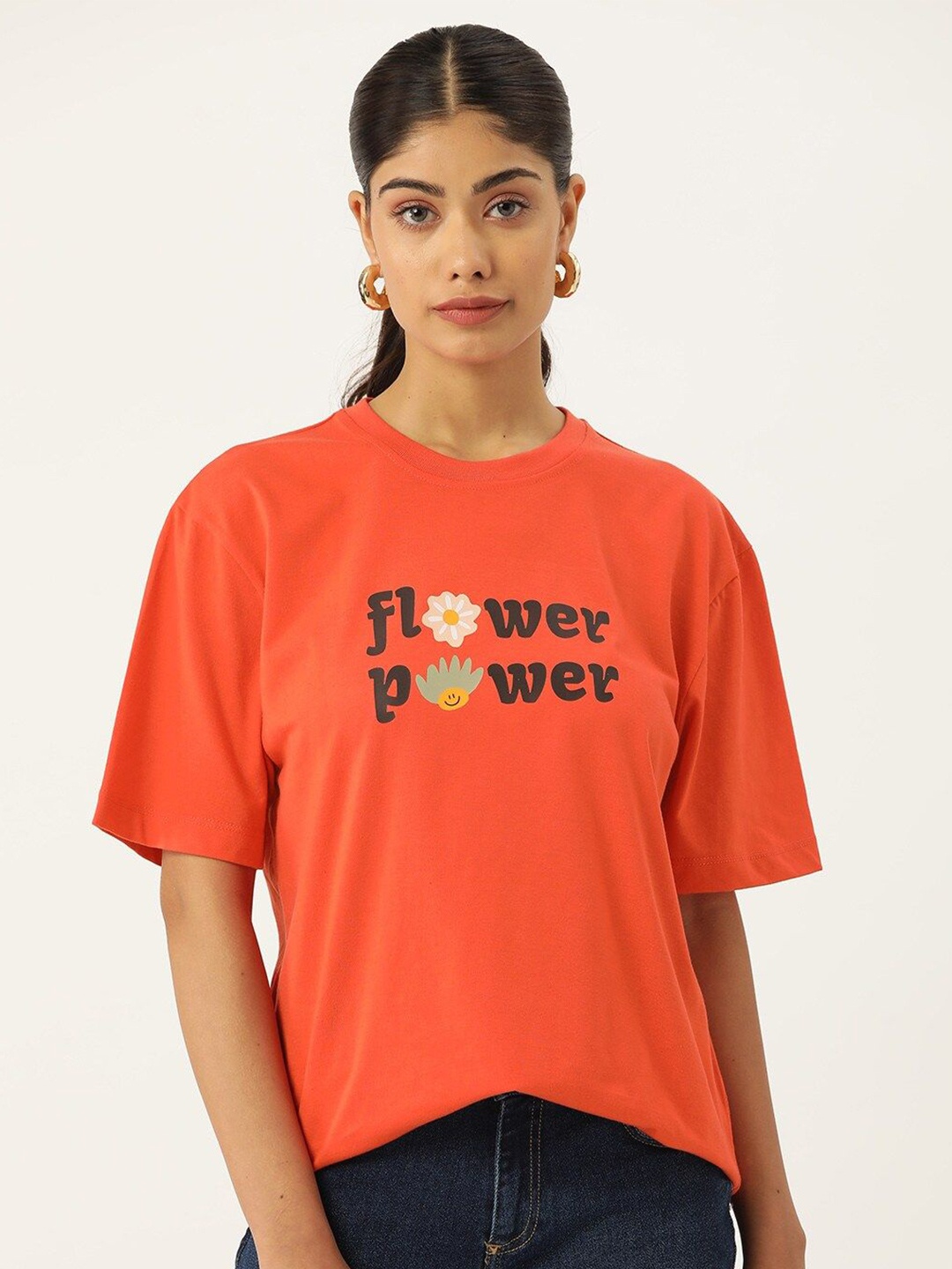 

Slenor Typography Printed Drop-Shoulder Sleeves Pure Cotton Oversized T-shirt, Orange