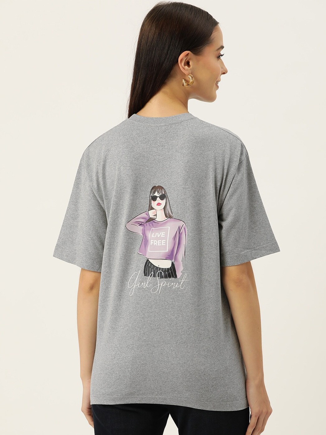 

Slenor Graphic Printed Drop-Shoulder Sleeves Pure Cotton Oversized T-shirt, Grey melange