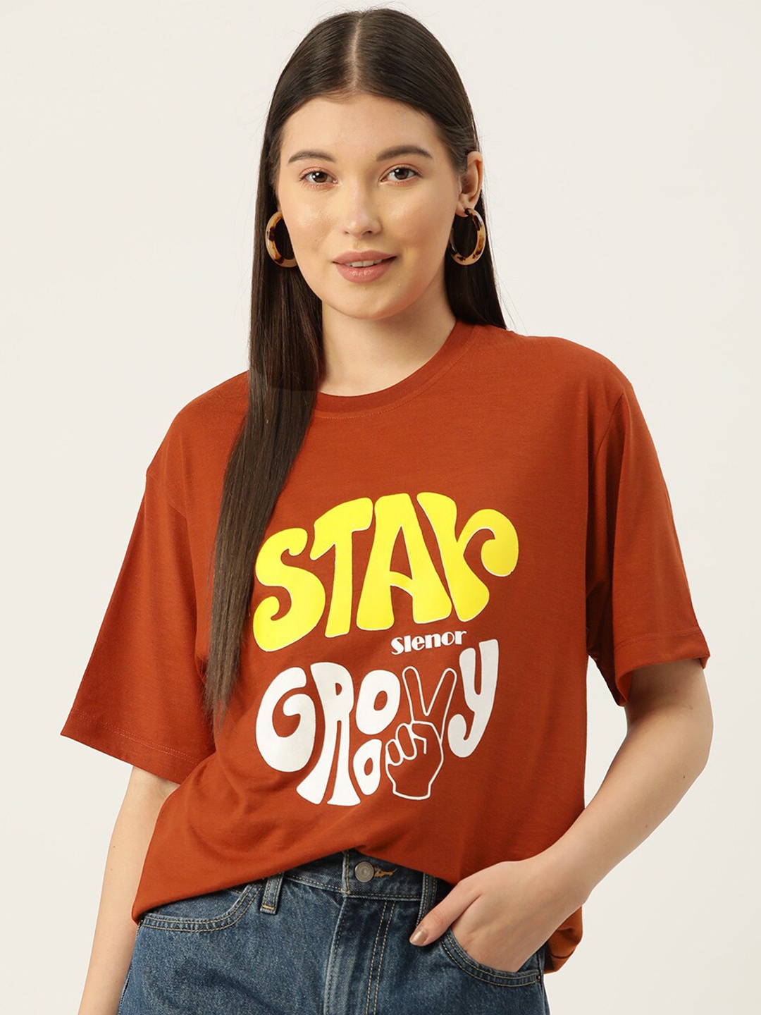 

Slenor Typography Printed Drop-Shoulder Sleeves Oversized T-shirt, Rust
