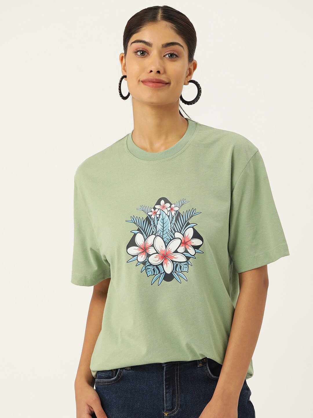 

Slenor Floral Printed Drop-Shoulder Sleeves Pure Cotton Loose Oversized T-shirt, Lime green