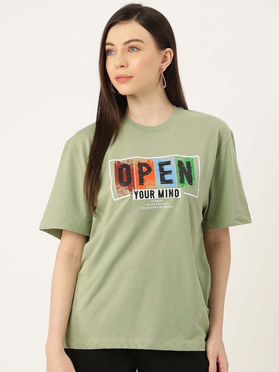 Slenor Typography Printed Pure Cotton Loose Oversized T-shirt, Green