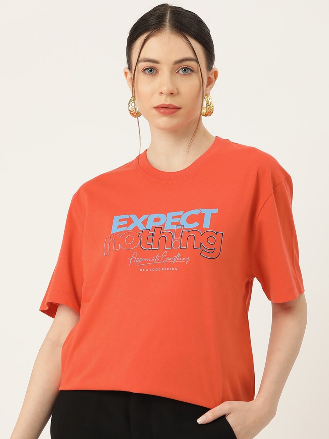 

Slenor Round Neck Typography Printed Oversized Pure Cotton T-shirt, Orange