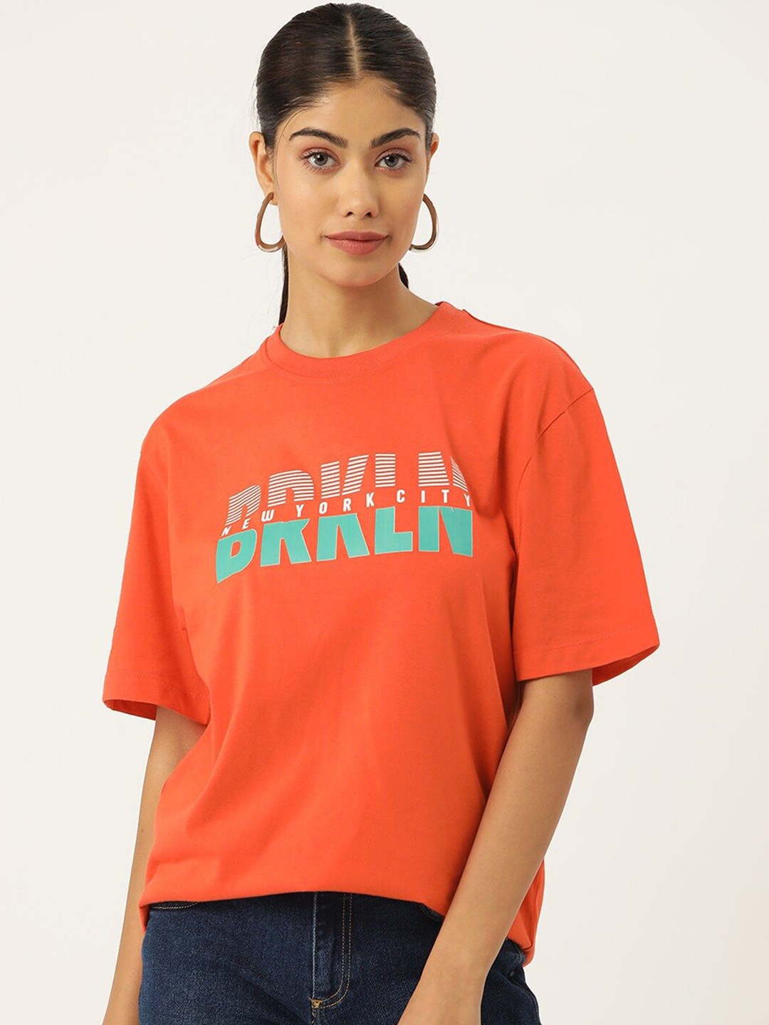 

Slenor Women Printed Pure Cotton Loose Oversized T-shirt, Orange