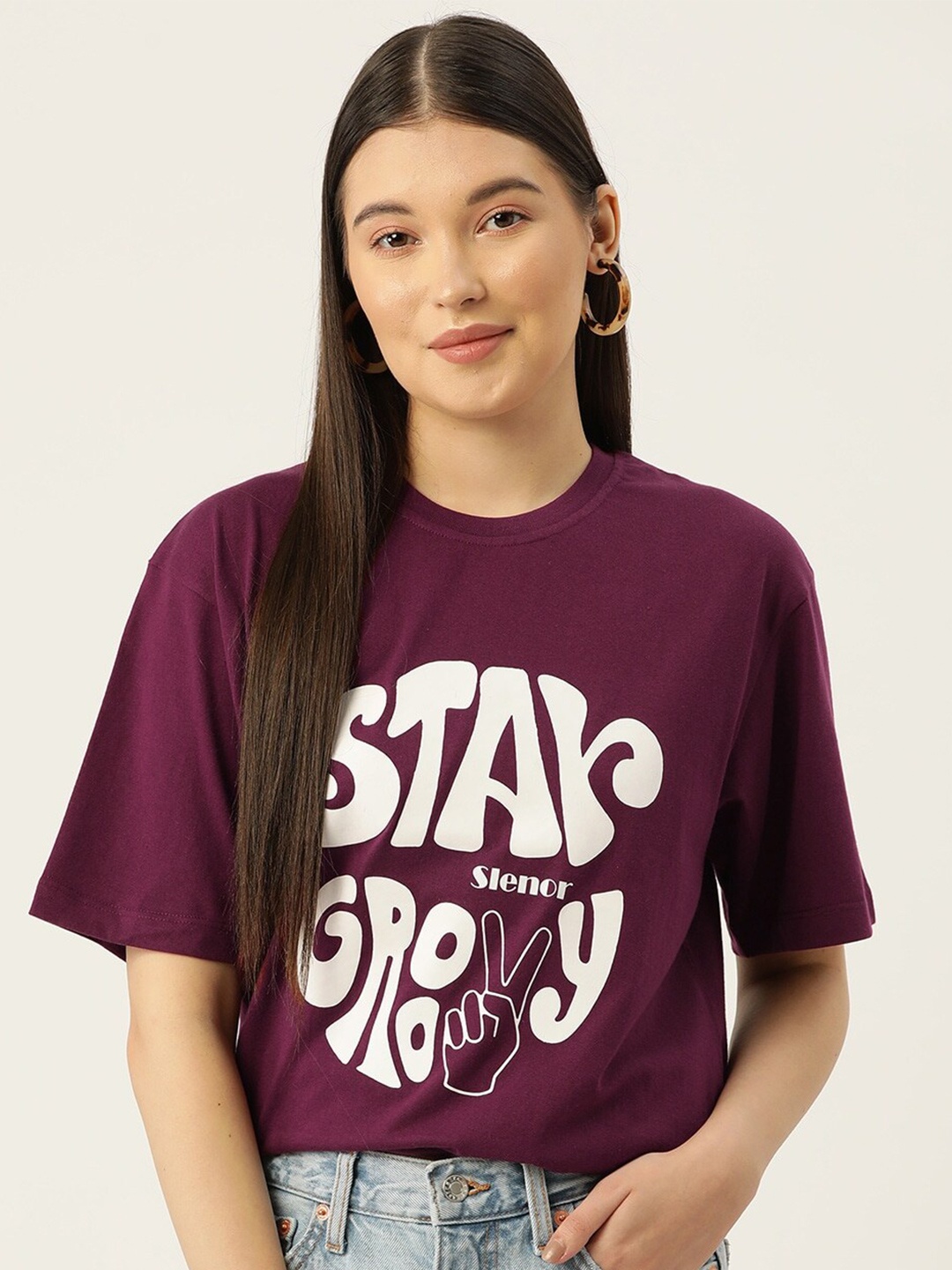 

Slenor Typography Printed Pure Cotton Loose Oversized T-shirt, Maroon