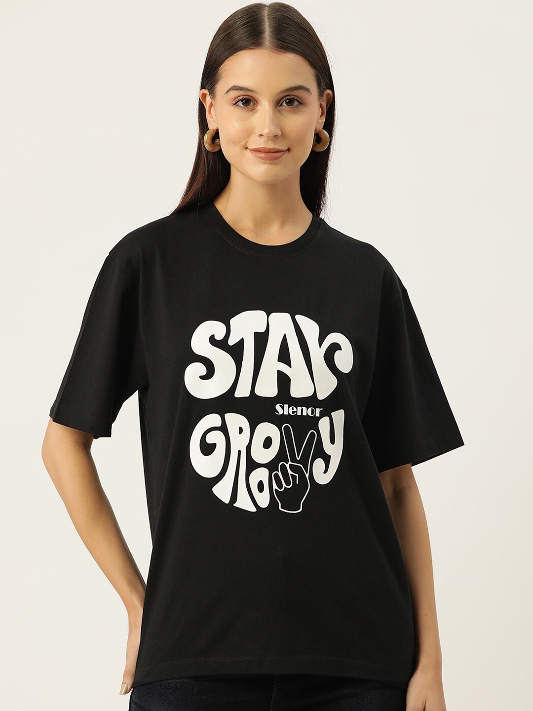 

Slenor Typography Printed Drop-Shoulder Sleeves Pure Cotton Oversized T-shirt, Black