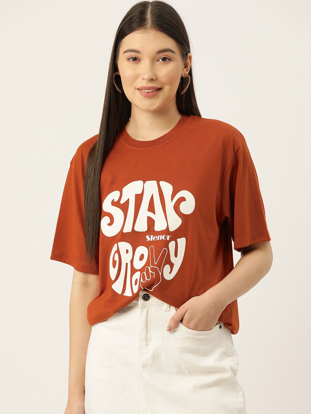 

Slenor Typography Printed Loose Oversized T-shirt, Orange