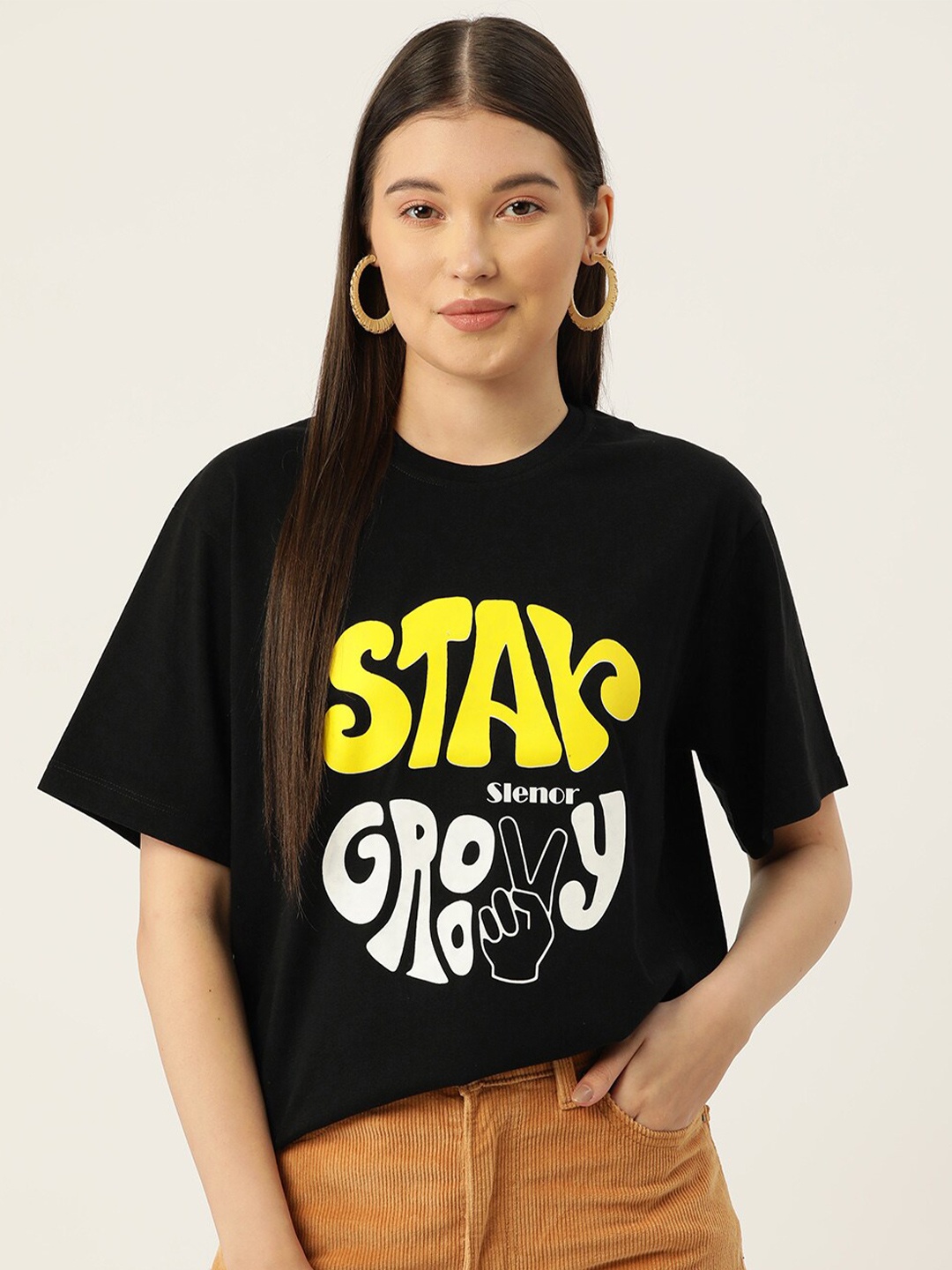 

Slenor Typography Printed Drop-Shoulder Sleeves Pure Cotton Oversized T-shirt, Black