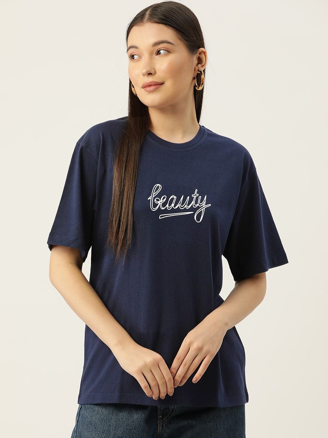

Slenor Typography Printed Drop-Shoulder Sleeves Pure Cotton Oversized T-shirt, Navy blue