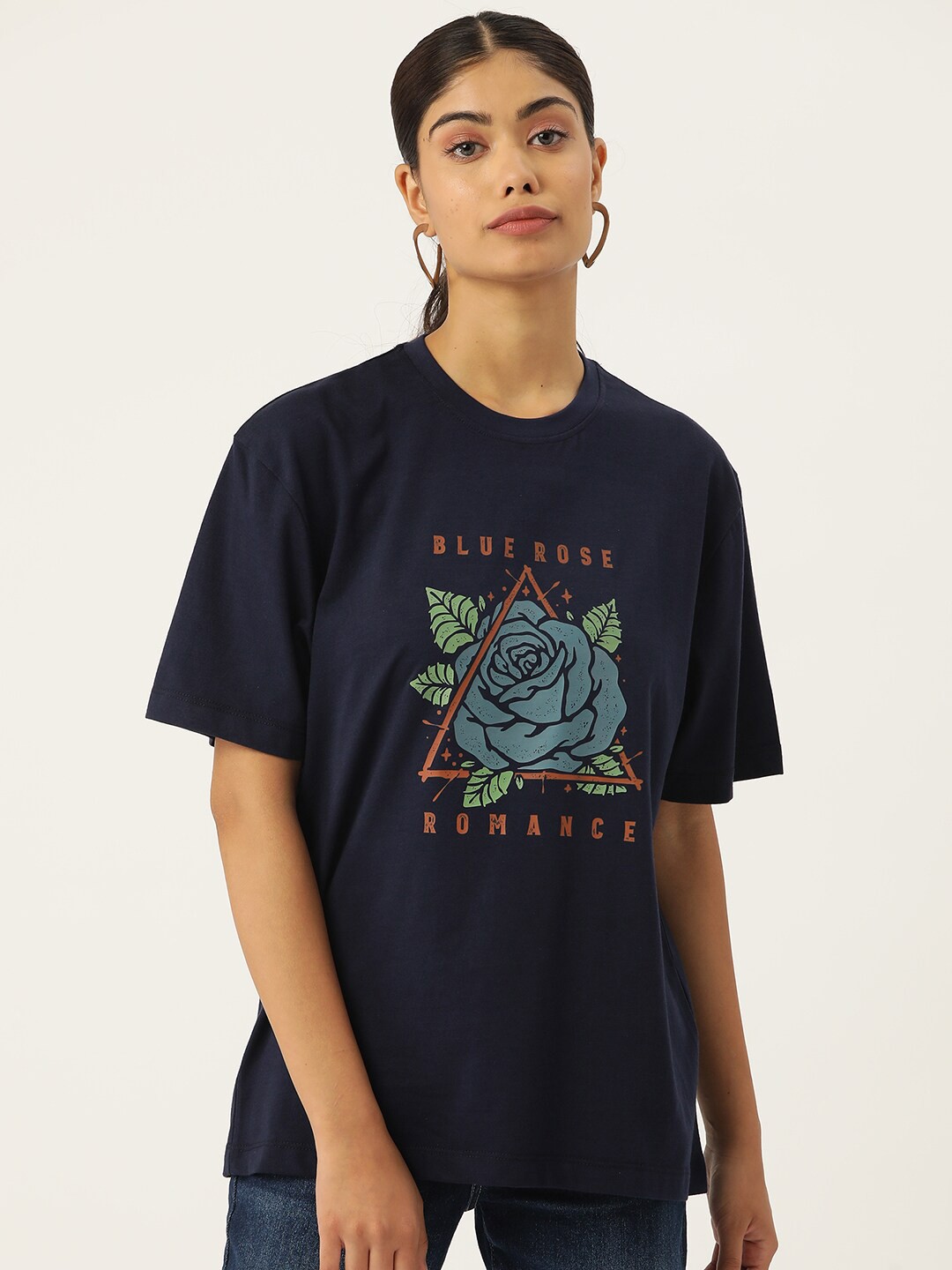 

Slenor Graphic Printed Drop-Shoulder Sleeves Pure Cotton Oversized T-shirt, Navy blue