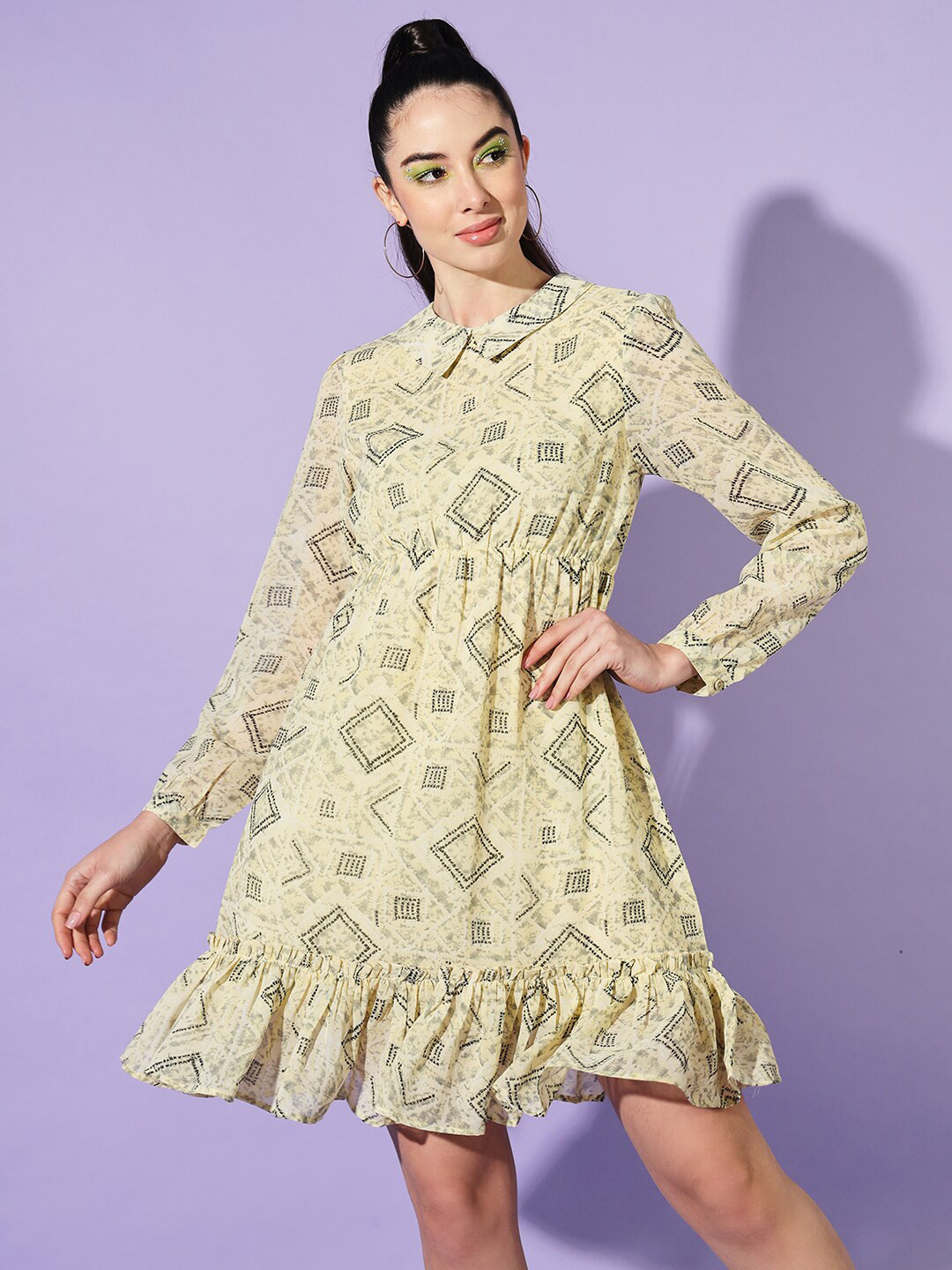 

Slenor Geometrical Print Round Neck Georgette Fit & Flare Mini Dress, Yellow