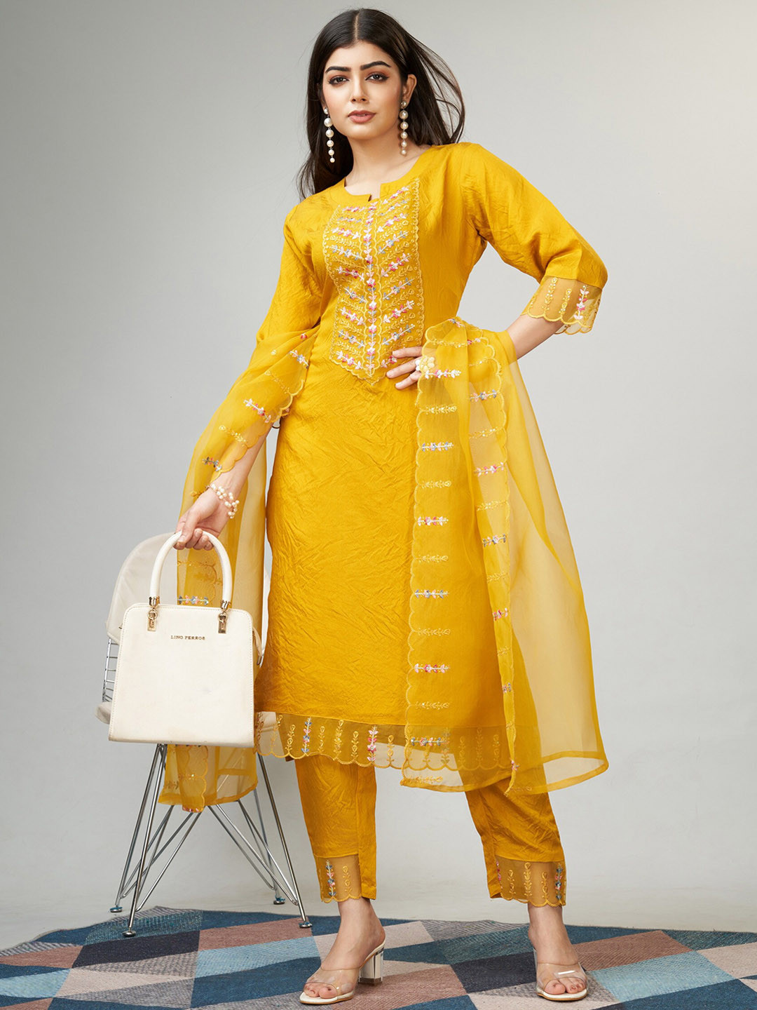 

NEWADHIYA ENTERPRISES Notched Neck Floral Yoke Design Kurta with Trouser & Dupatta, Yellow
