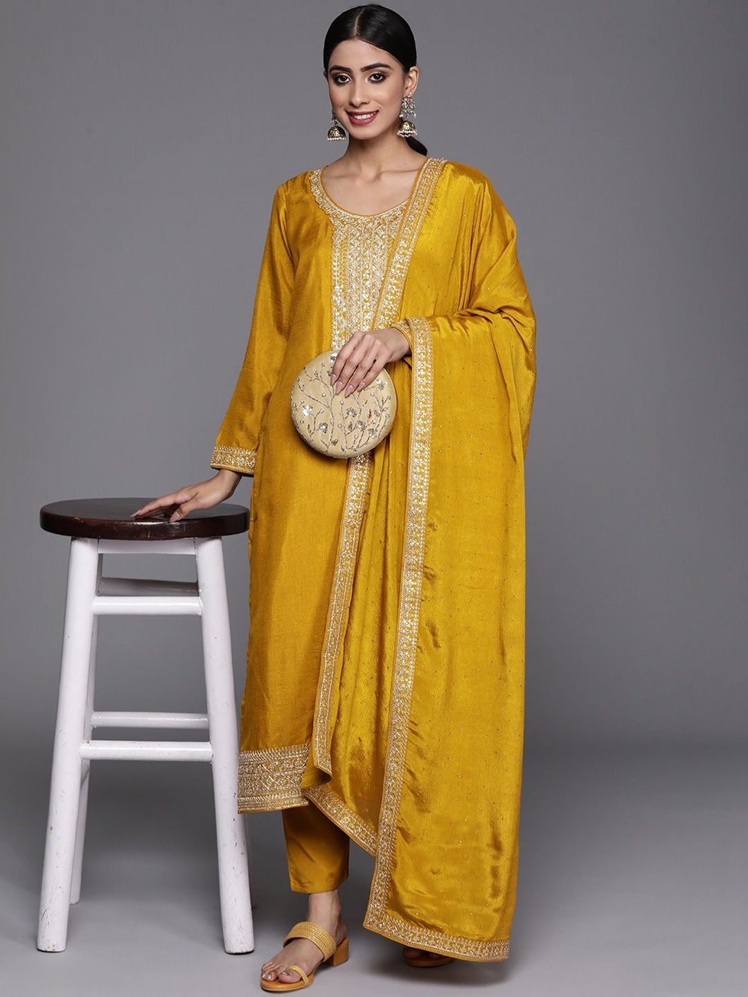 

NEWADHIYA ENTERPRISES Embroidered Sequinned Straight Kurta & Trousers With Dupatta, Yellow
