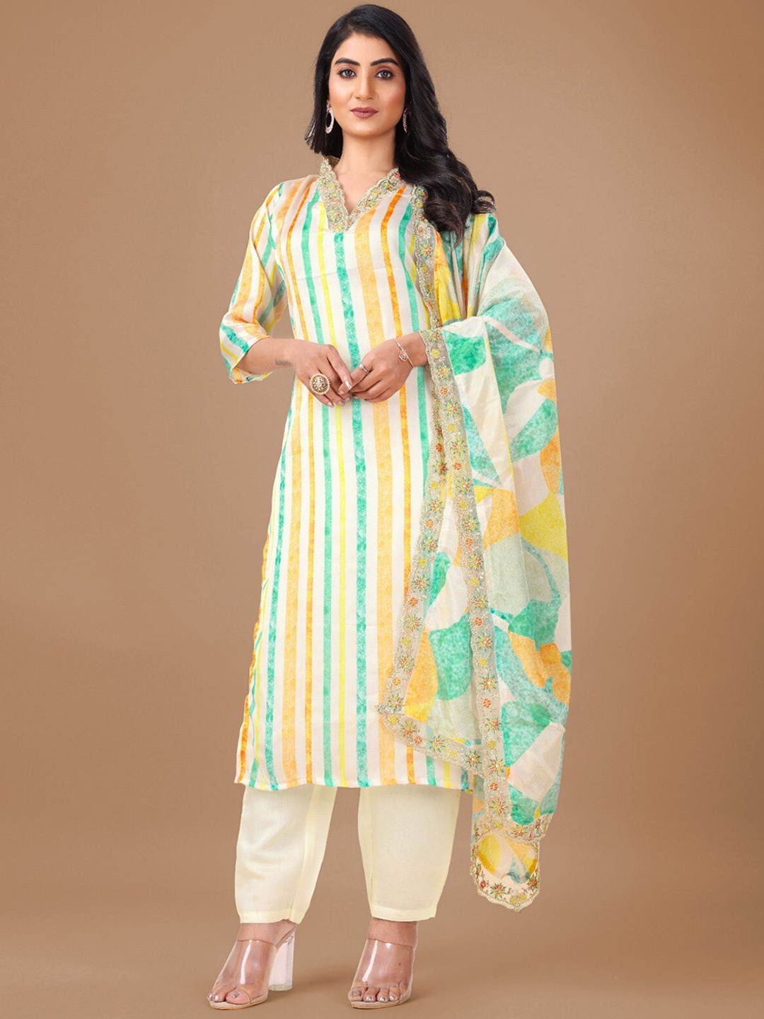 

NEWADHIYA ENTERPRISES V Neck Striped Straight Kurta with Trouser & Dupatta, Yellow