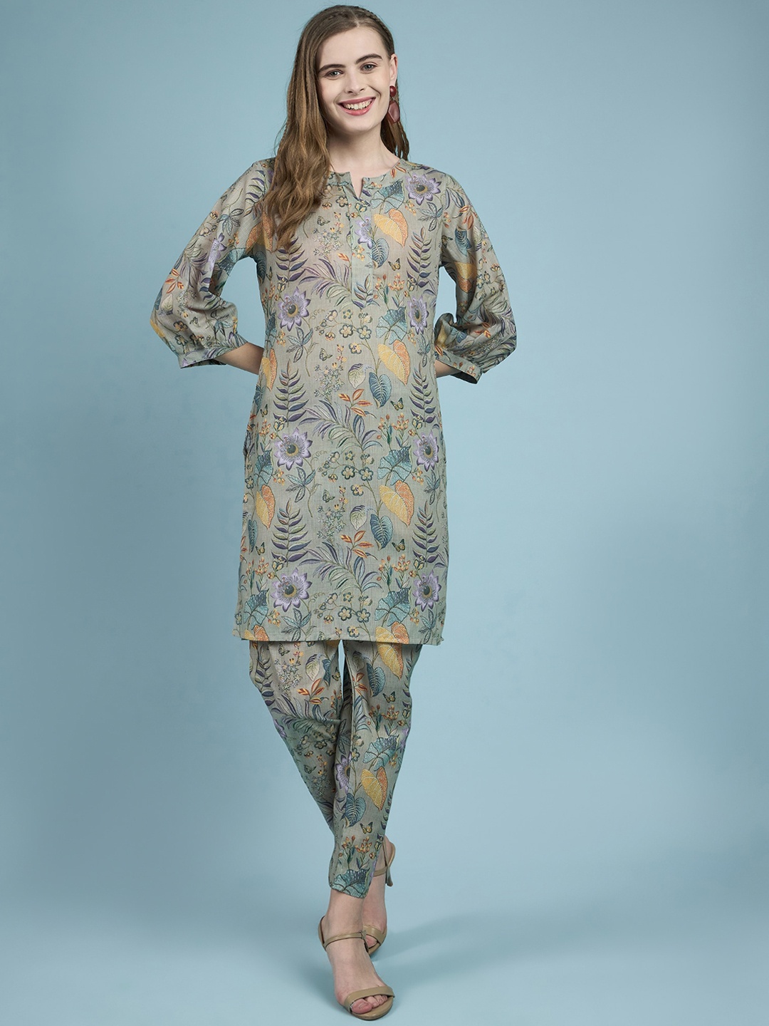 

all about you Olive Floral Printed Round Neck Tunic With Trousers