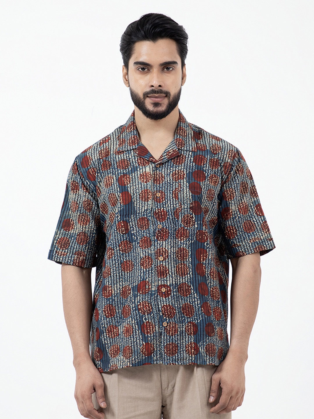 

Inkriti Ajrakh Allover Camp Collar Shirt, Blue