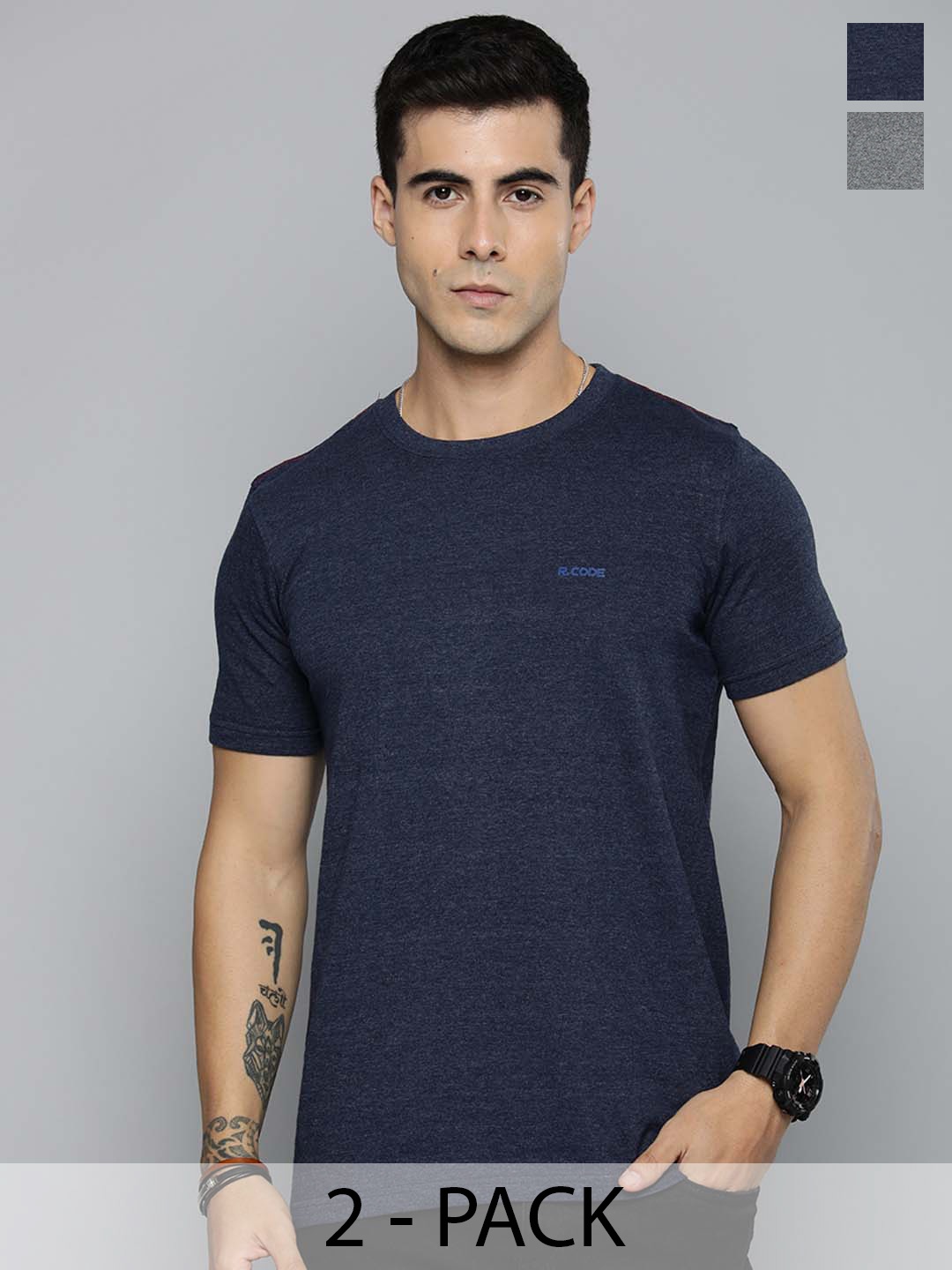 

The Roadster Life Co. Men Pack Of 2 Round Neck Solid Cotton T-shirt, Charcoal