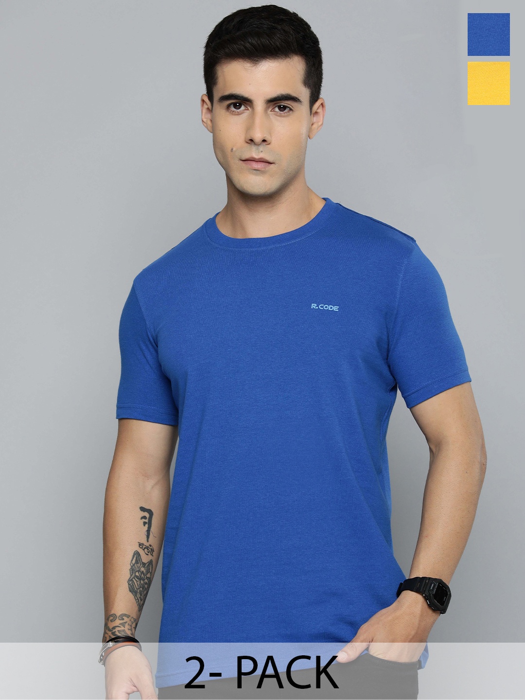 

The Roadster Life Co. Men Pack Of 2 Round Neck Solid Cotton T-shirt, Blue