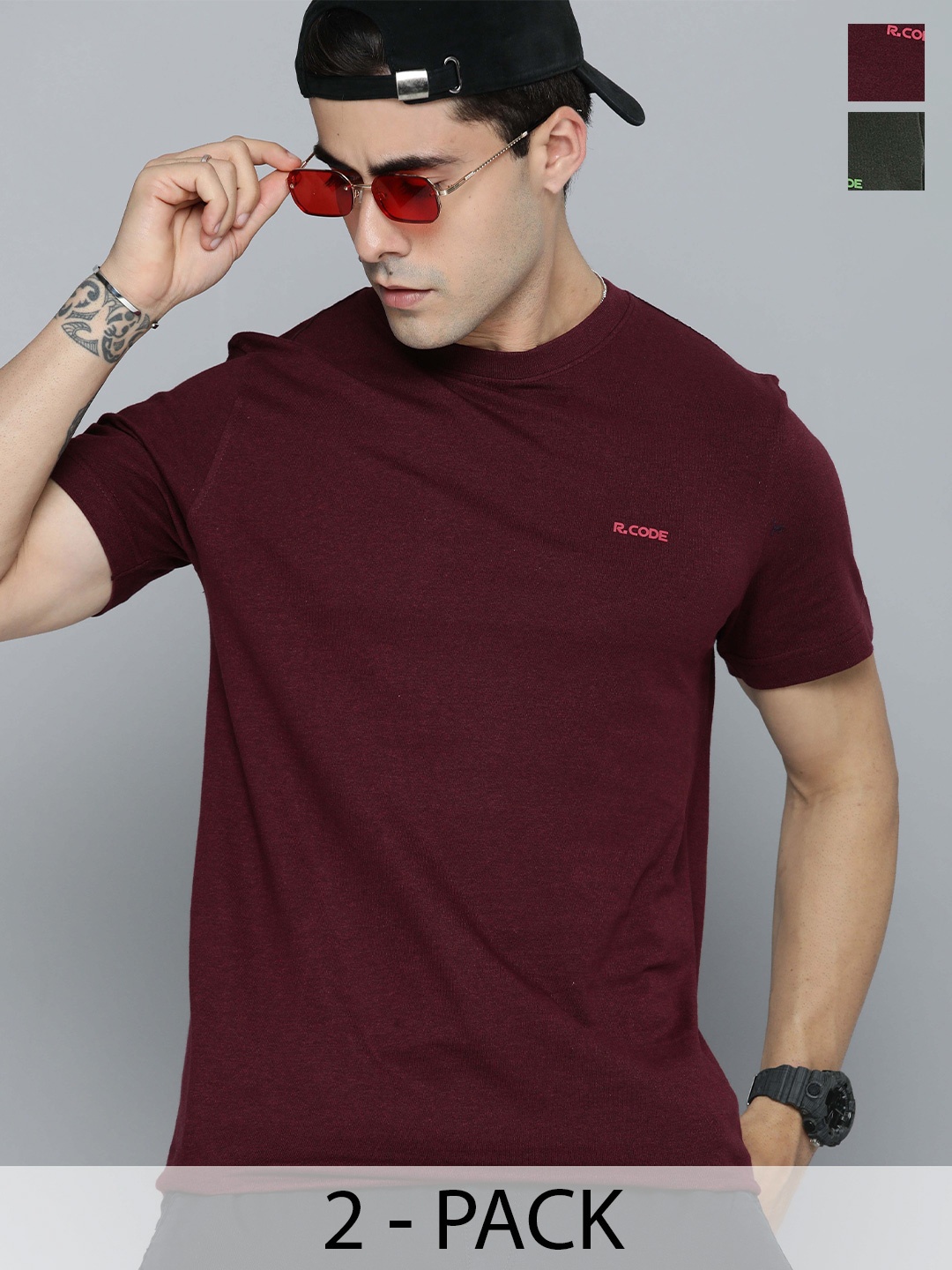 

The Roadster Life Co. Men Pack Of 2 Round Neck Solid Cotton T-shirt, Burgundy