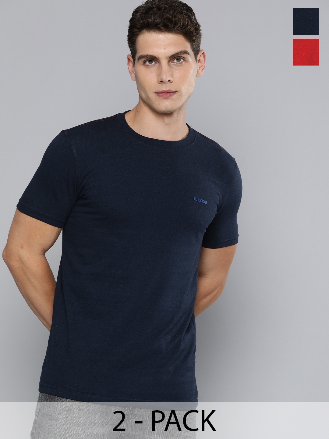 

The Roadster Life Co. Men Pack Of 2 Round Neck Solid Cotton T-shirt, Navy blue