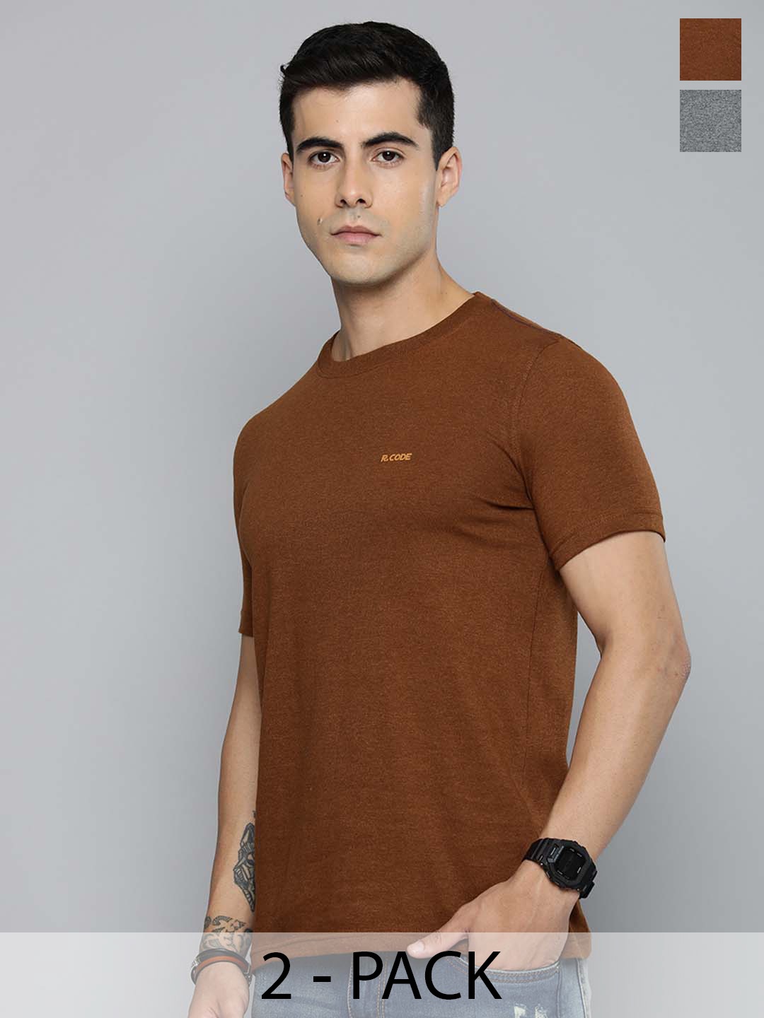 

The Roadster Life Co. Men Pack Of 2 Round Neck Solid Cotton T-shirt, Mustard