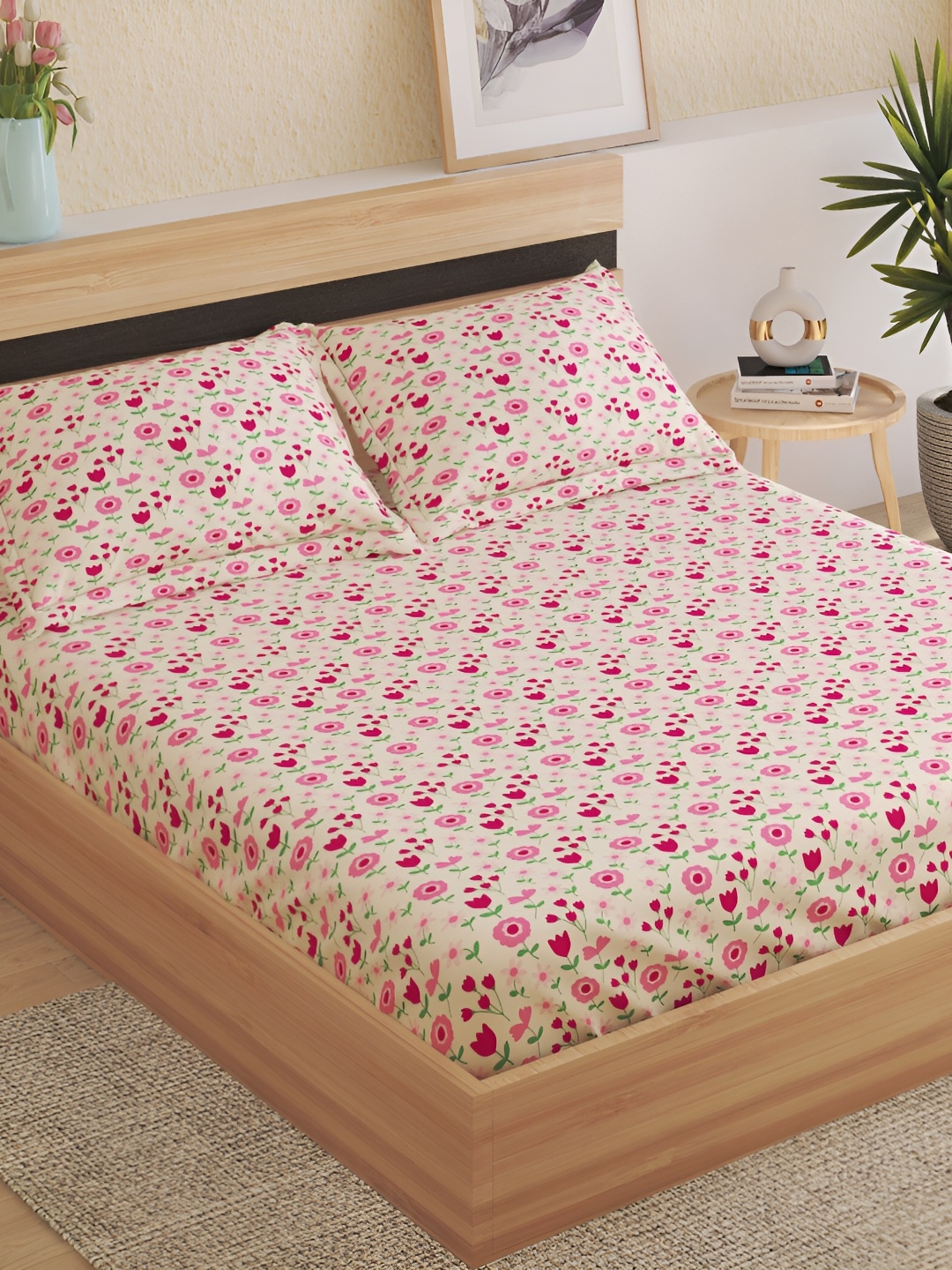 

Home Centre Yellow & Pink Floral Cotton 144 TC Queen Bedsheet with 2 Pillow Covers