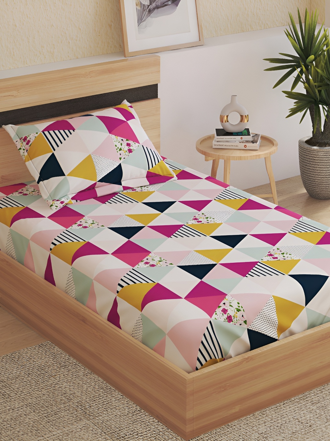 Home Centre White & Pink Geometric 210 TC Single Bedsheet with 1 Pillow Cover