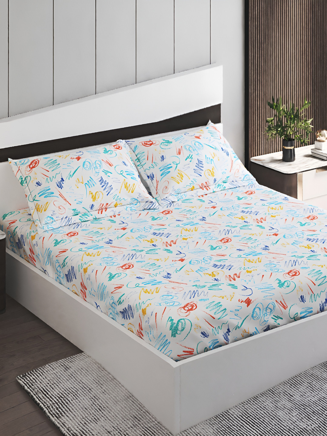 

Home Centre White & Blue 144 TC Cotton Queen Bedsheet with 2 Pillow Covers