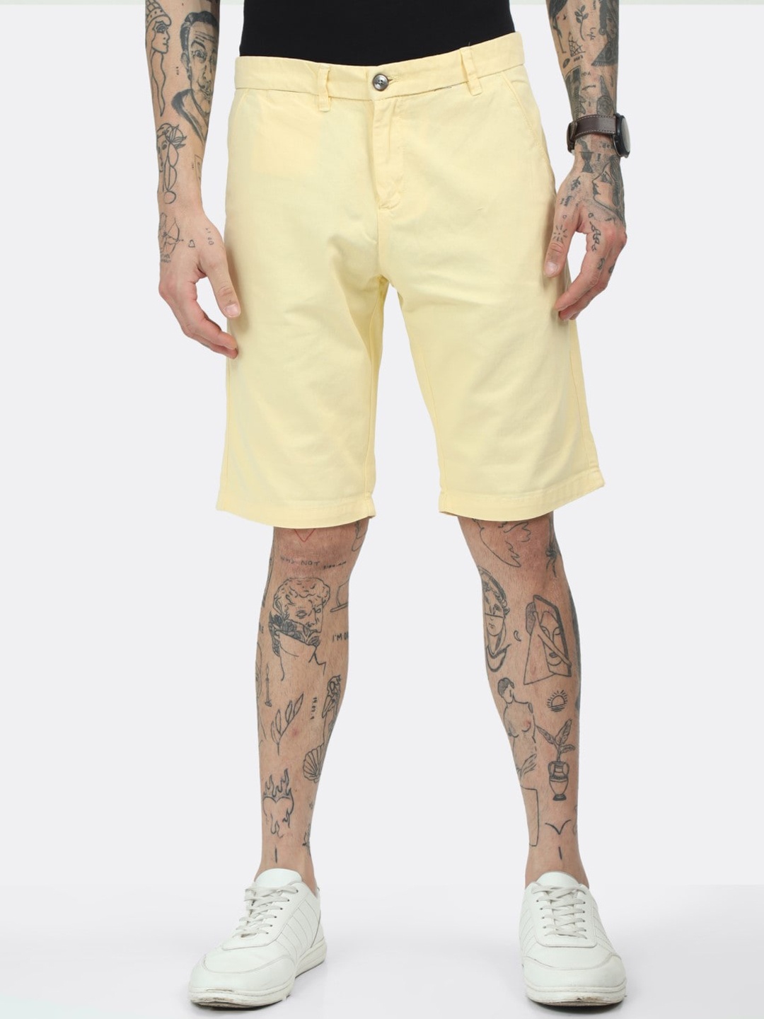 

BADMAASH Men Mid-Rise Slim Fit Cotton Regular Shorts, Yellow