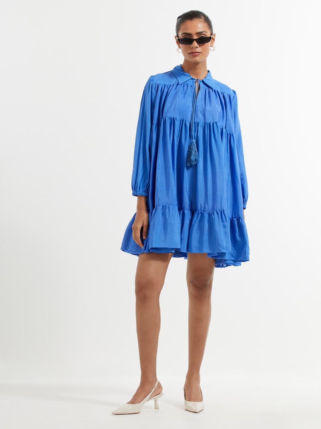 

THE INDIAN CAUSE Shirt Collar Cuffed Sleeves Gathered A-Line Dress, Blue