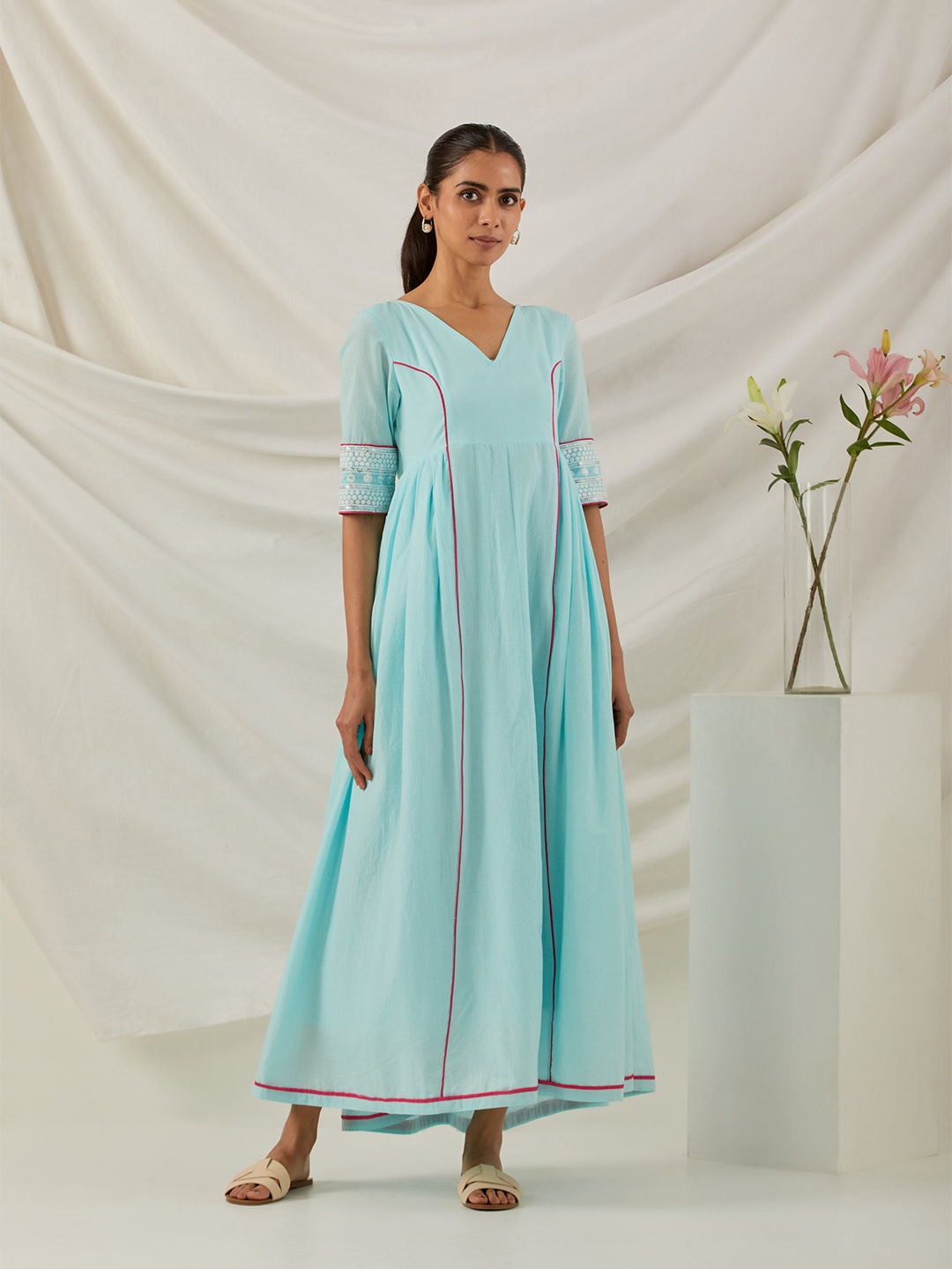 

THE INDIAN CAUSE V-Neck Gathered Cotton Midi Fit & Flare Dress, Blue