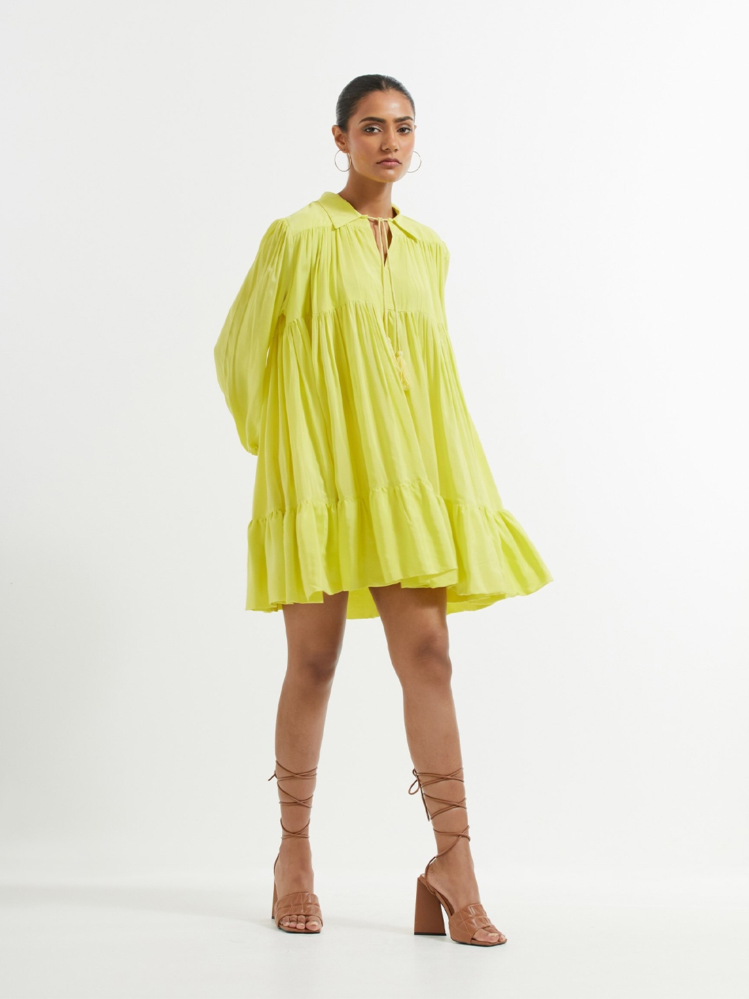 

THE INDIAN CAUSE Shirt Collar Cuffed Sleeves Gathered Tiered A-Line Dress, Yellow