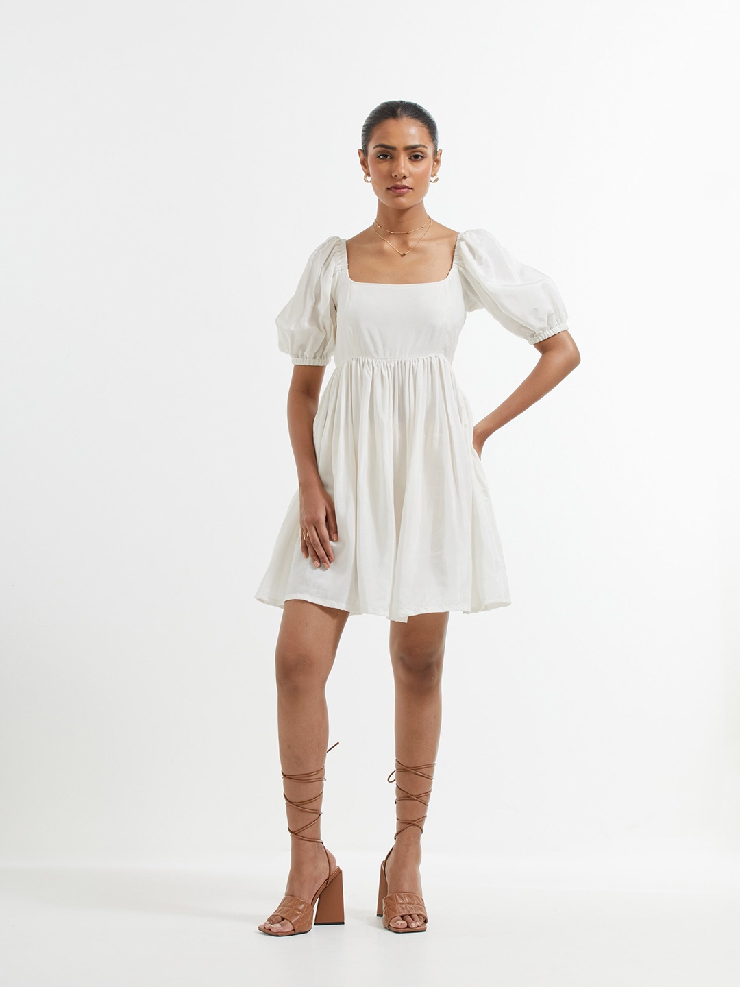 

THE INDIAN CAUSE Puff Sleeveless Fit & Flare Dress, White