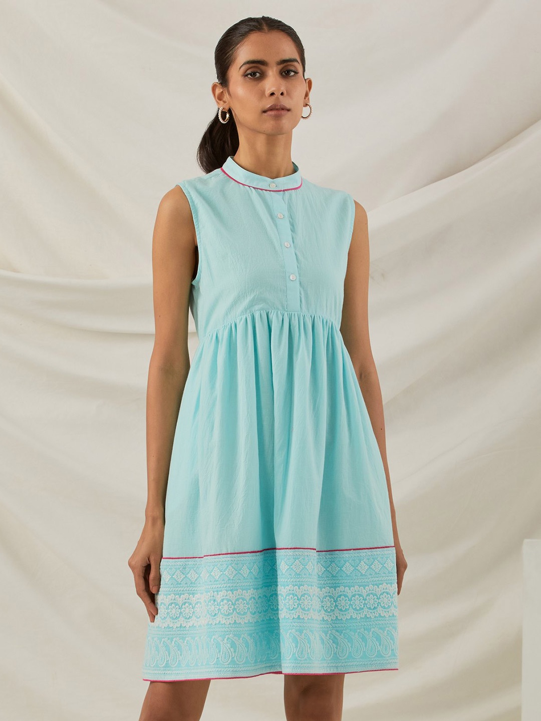 

THE INDIAN CAUSE Ethnic Motifs Embroidered Mandarin Collar Gathered Cotton A-Line Dress, Blue