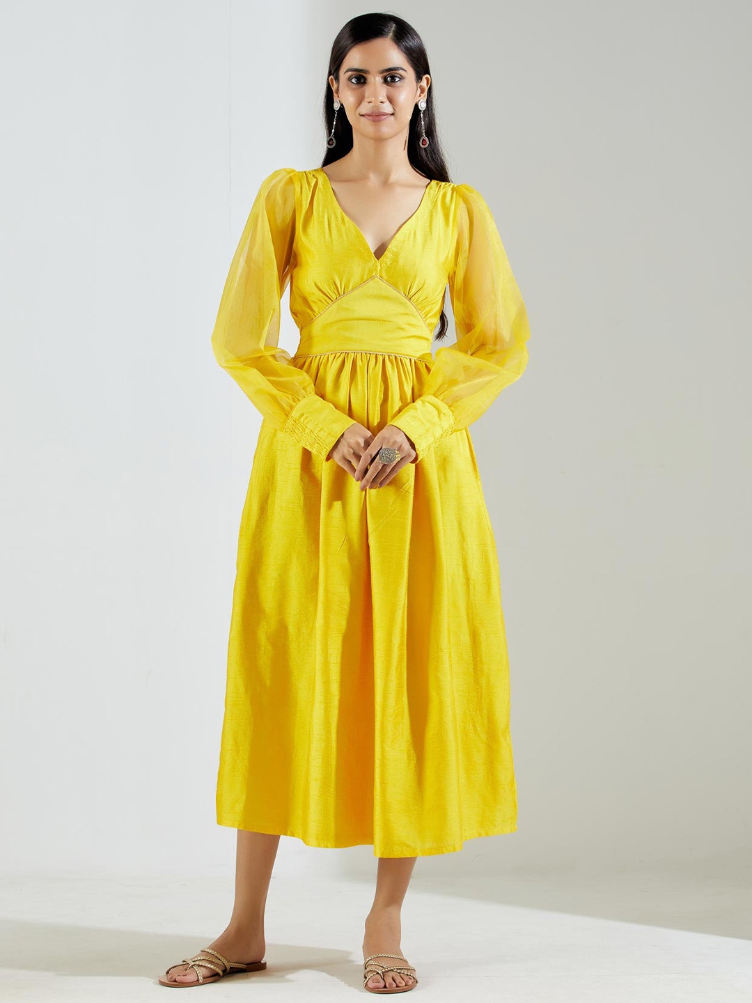 

THE INDIAN CAUSE V-Neck Puff Sleeve Gathered Smocked Midi A-Line Dress, Yellow