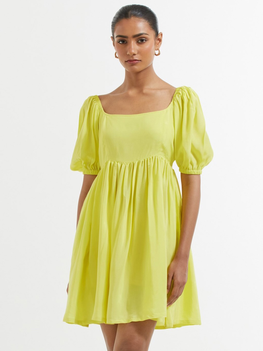 

THE INDIAN CAUSE Square Neck Cuffed Sleeves Gathered Fit & Flare Dress, Yellow