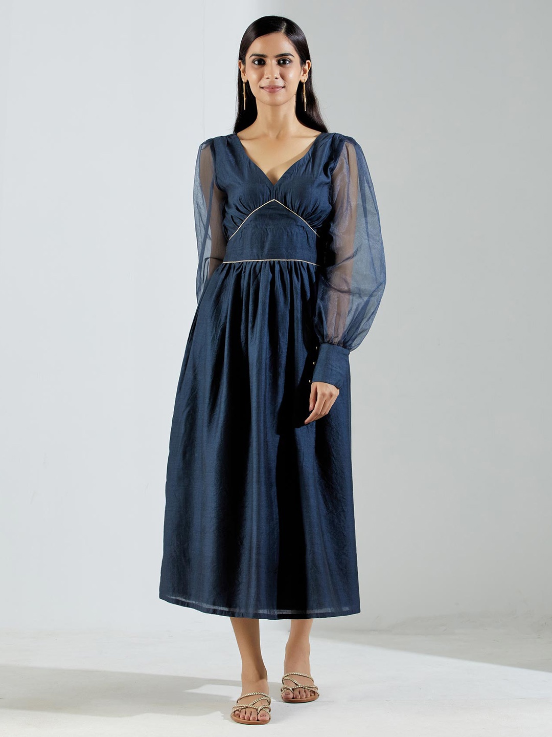

THE INDIAN CAUSE Puff Sleeves Fit & Flare Midi Dress, Grey